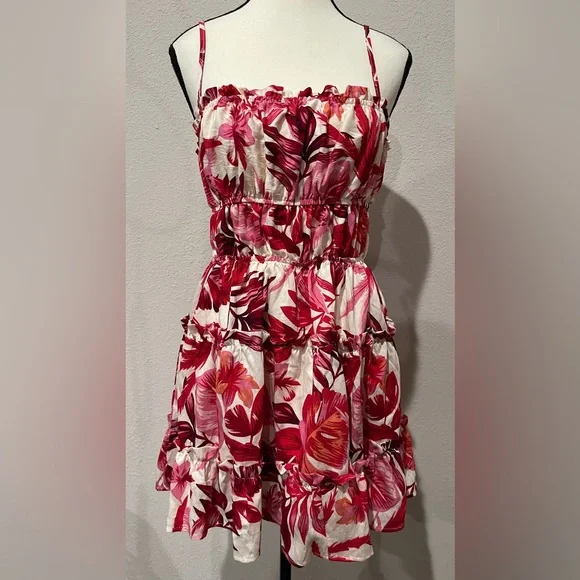 SHEIN Red Pink Cream Tropical Print Ruffle Mini Sundress Sz Medium New With Tags - Picture 7 of 11